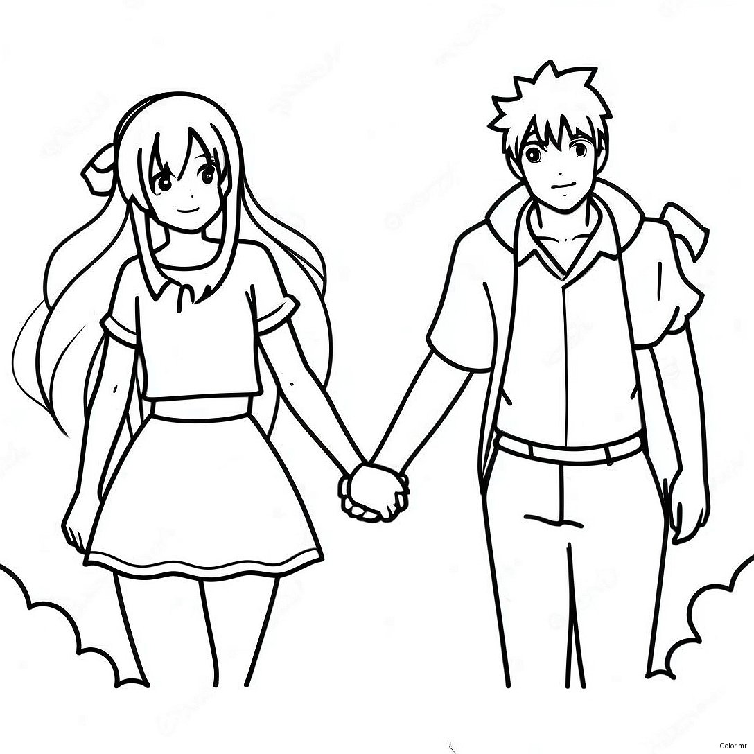 Adorable Anime Couple Holding Hands Coloring Page 14530 12018