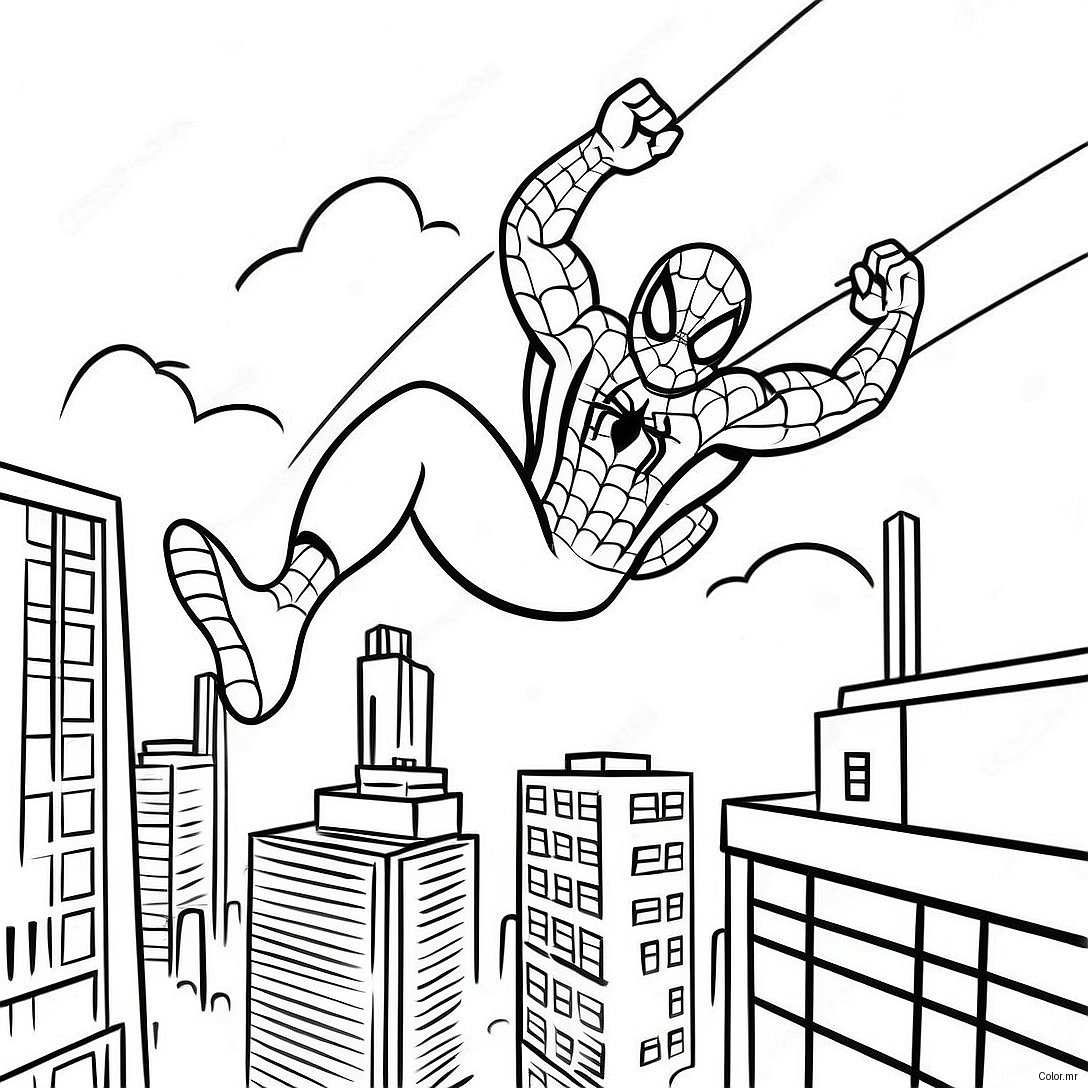 Adorable Spiderman Swinging Through The City Coloring Page 9287 7585