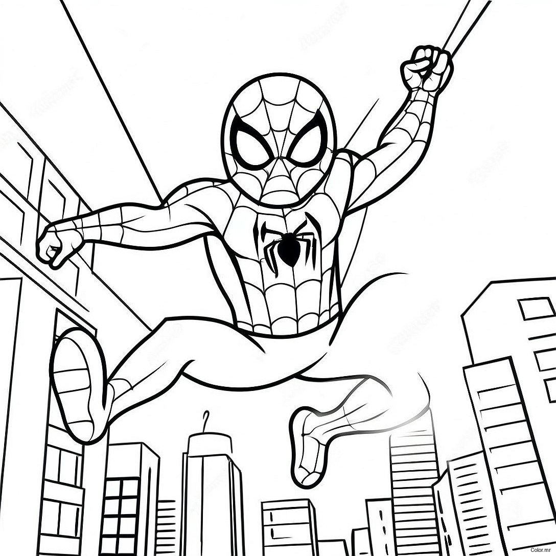 Adorable Spiderman Swinging Through The City Coloring Page 9287 7586