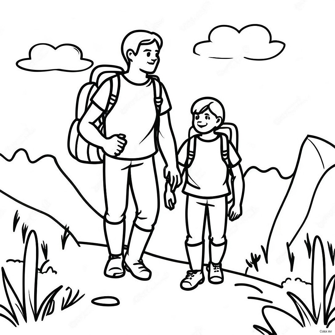 Adventurous Dad And Son Hiking Coloring Page 31229 27980