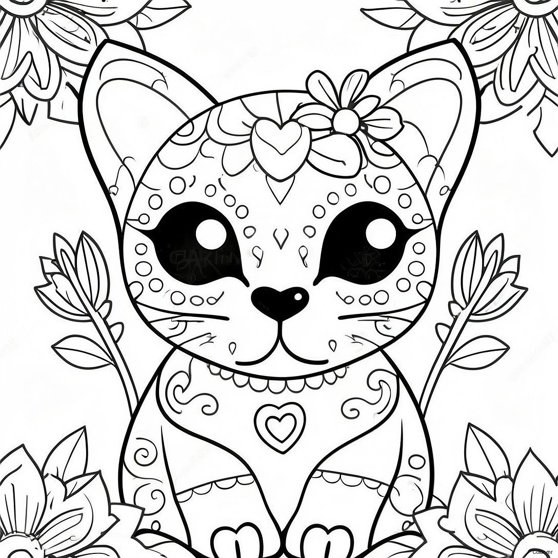 Colorful Sugar Skull Cat With Flowers Coloring Page 56822 47221