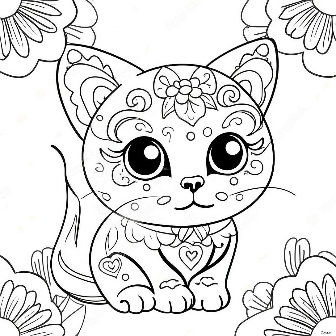 Colorful Sugar Skull Cat With Flowers Coloring Page 56822 47222