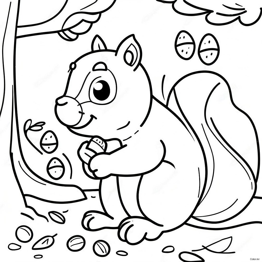 Cute Fall Squirrel Gathering Acorns Coloring Page 63430 52486