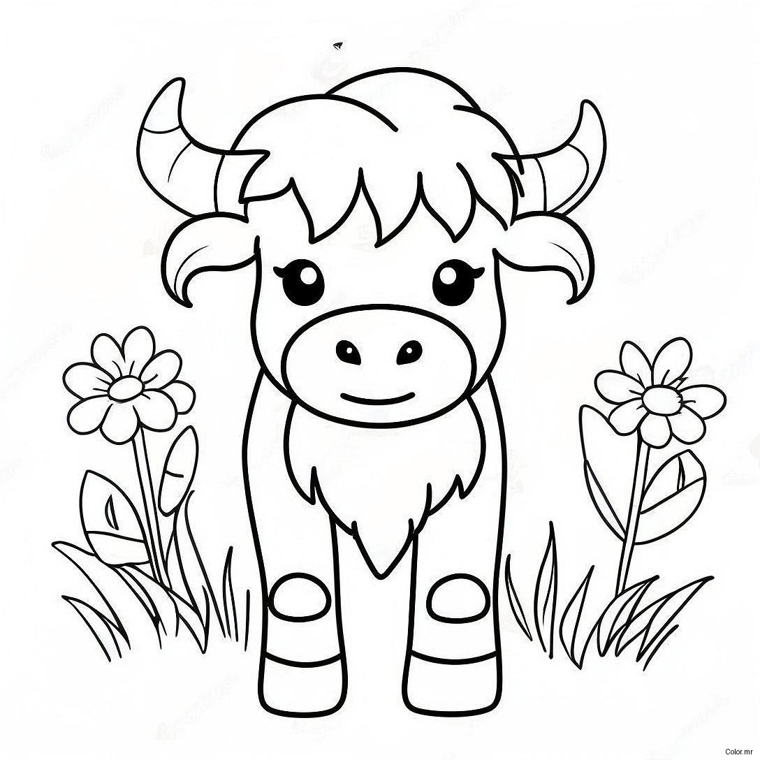 Cute Highland Cow With Flowers Coloring Page 17515 14707