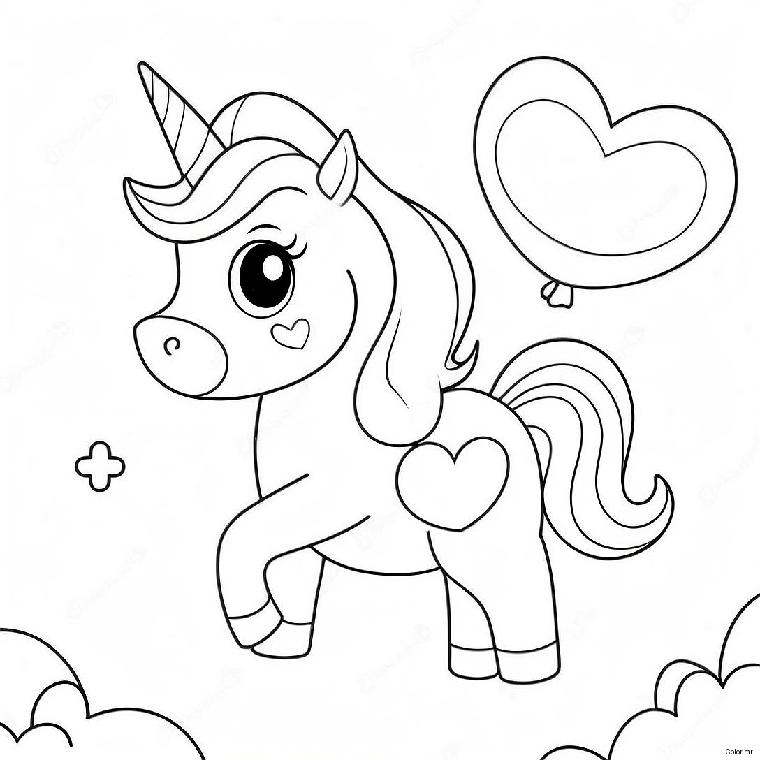 Cute Unicorn With Heart Balloons Coloring Page 47534 39541