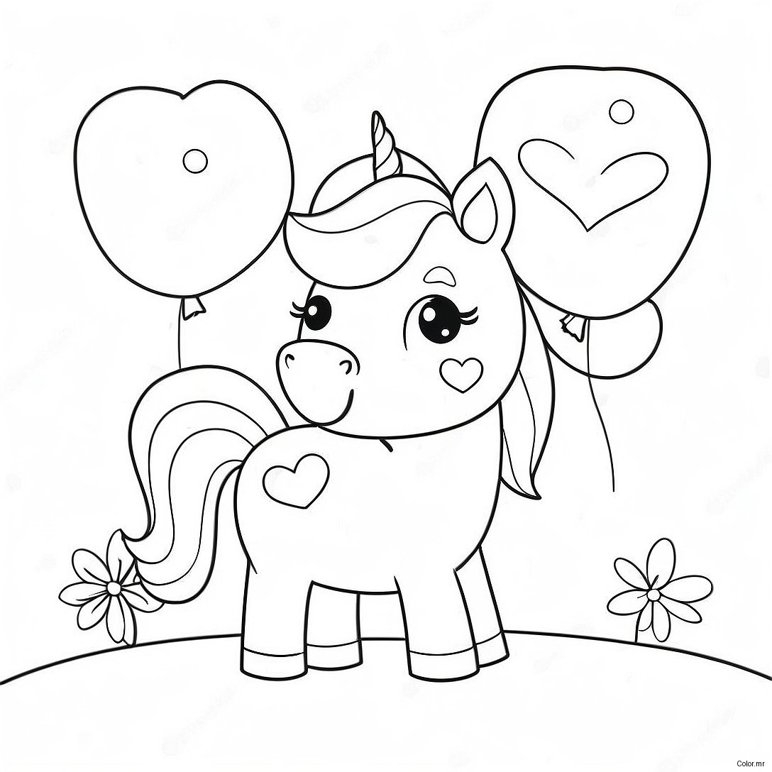 Cute Unicorn With Heart Balloons Coloring Page 47534 39543