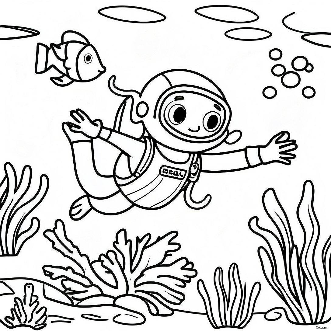 Happy Scuba Diver Exploring Coral Reef Coloring Page 53017 44082