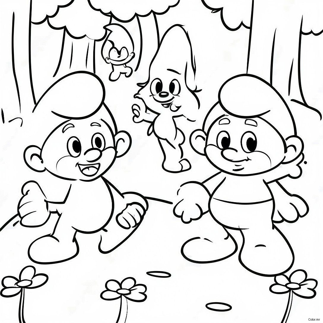 Happy Smurfs Playing In The Forest Coloring Page 5734 4589