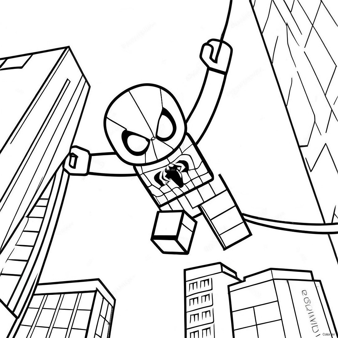 Lego Spiderman Swinging Through City Coloring Page 2362 1934
