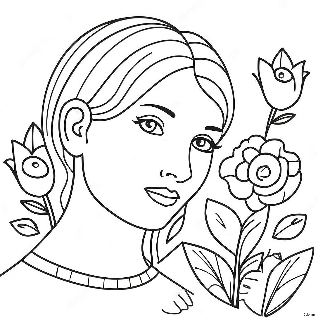 Page A Colorier De Fille Realiste Avec Des Fleurs 73095 60346