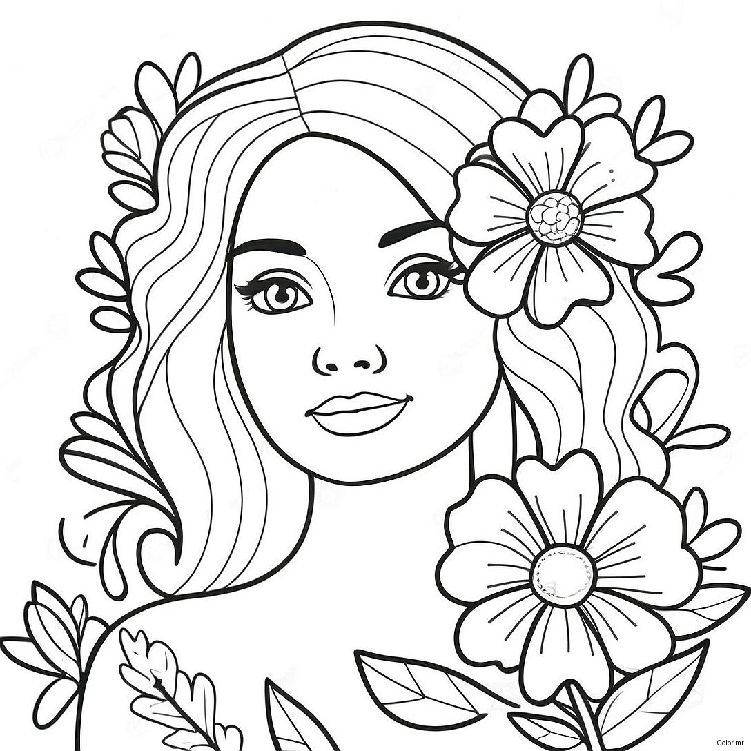 Page A Colorier De Fille Realiste Avec Des Fleurs 73095 60348