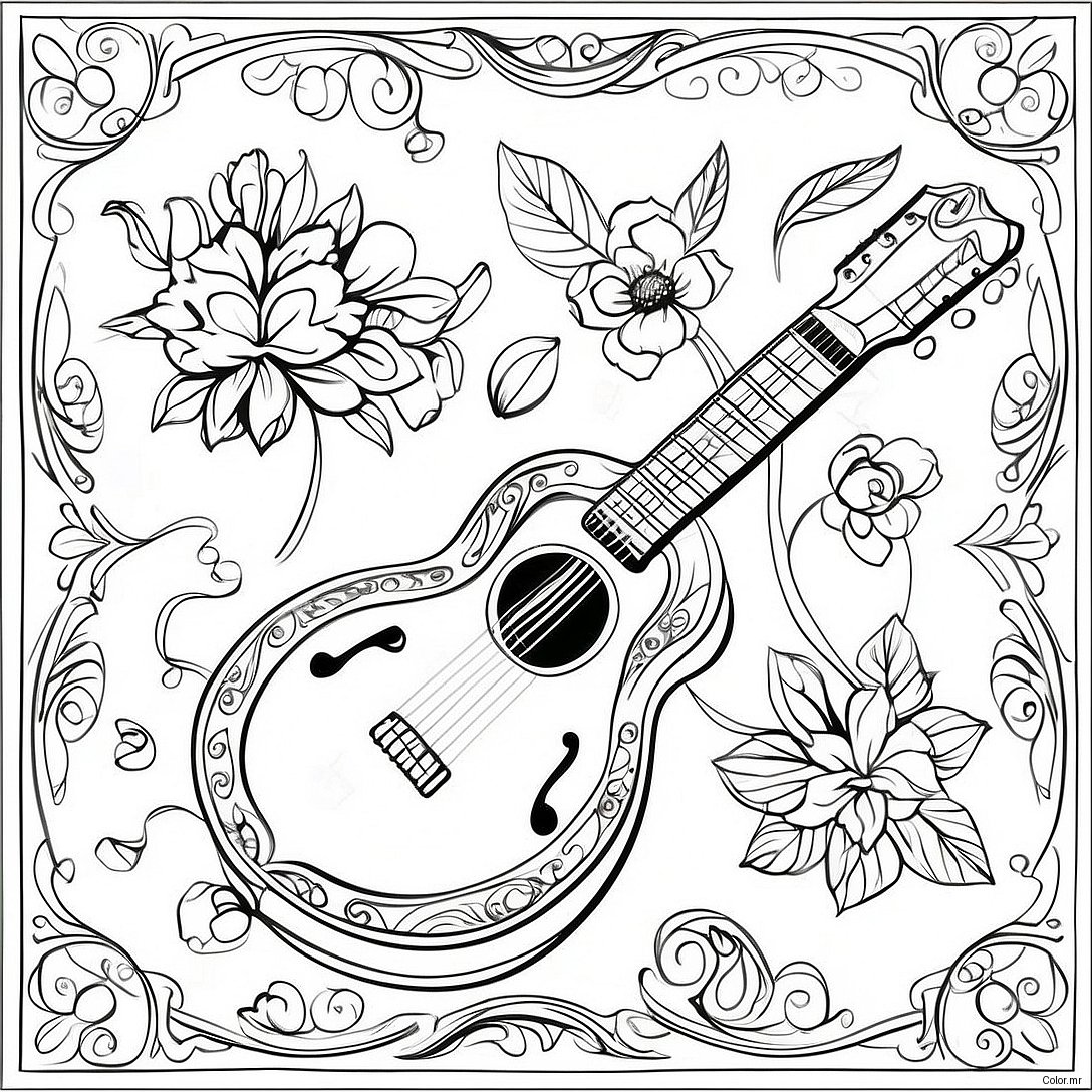 Page A Colorier De Mandoline Vintage Avec Motifs Floraux 33472 17654