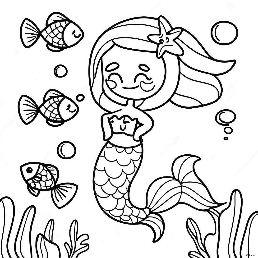 Page A Colorier Sirene Realiste Avec Des Poissons Colores 13498 11203