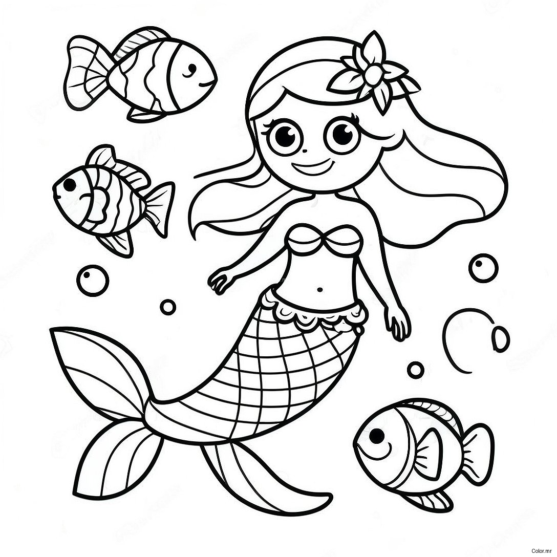 Page A Colorier Sirene Realiste Avec Des Poissons Colores 13498 11204