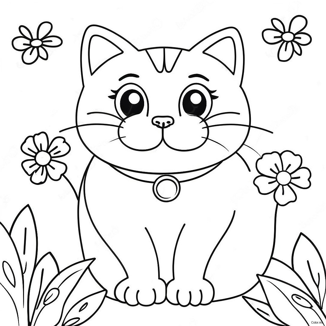 Playful Cat Surrounded By Blooming Flowers Coloring Page 61577 51046