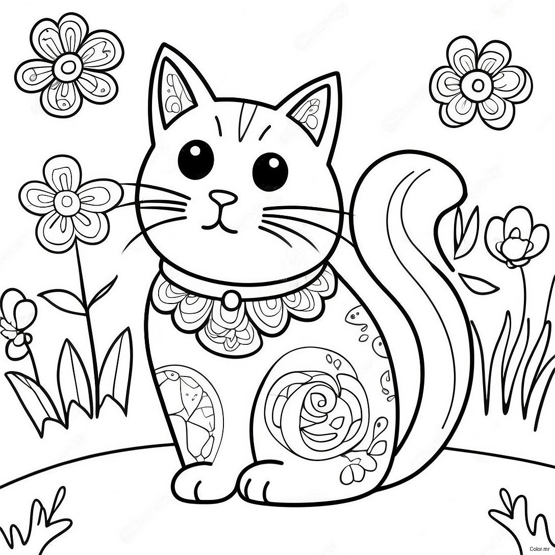 Playful Cat Surrounded By Blooming Flowers Coloring Page 61577 51047