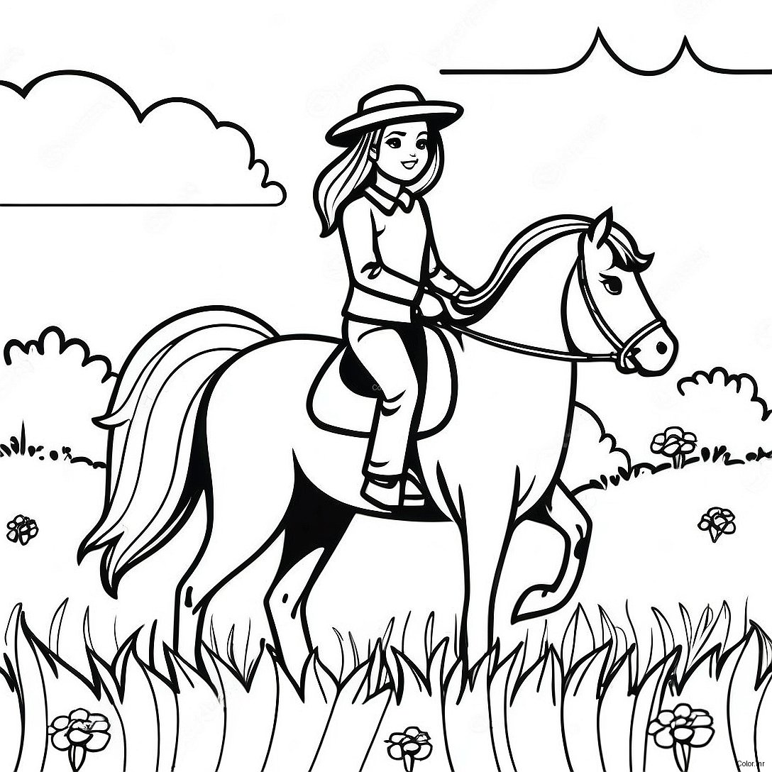 Realistic Girl Riding A Horse In A Meadow Coloring Page 47373 39409