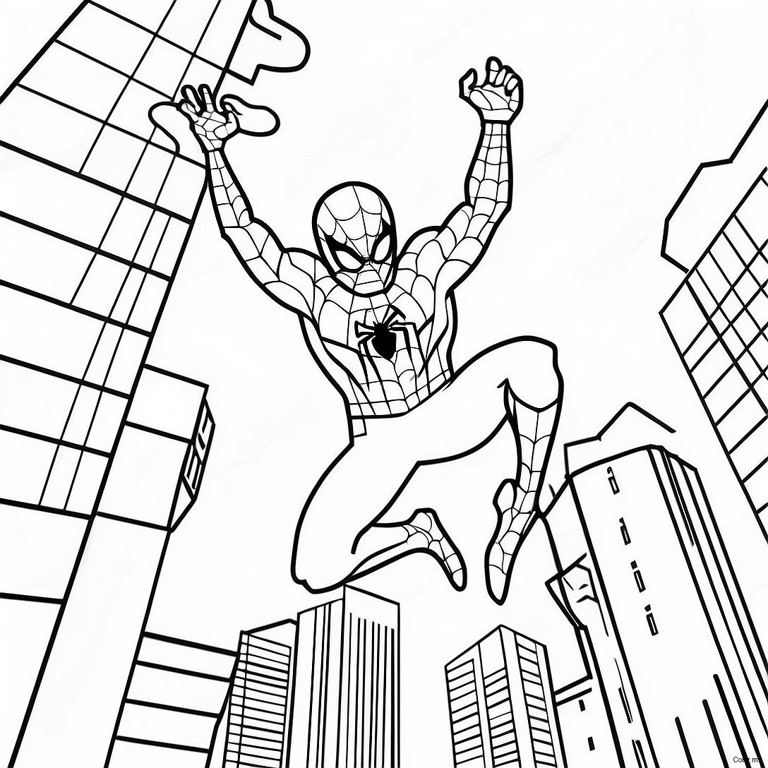Spider Man Swinging Through City Coloring Page 26117 23968