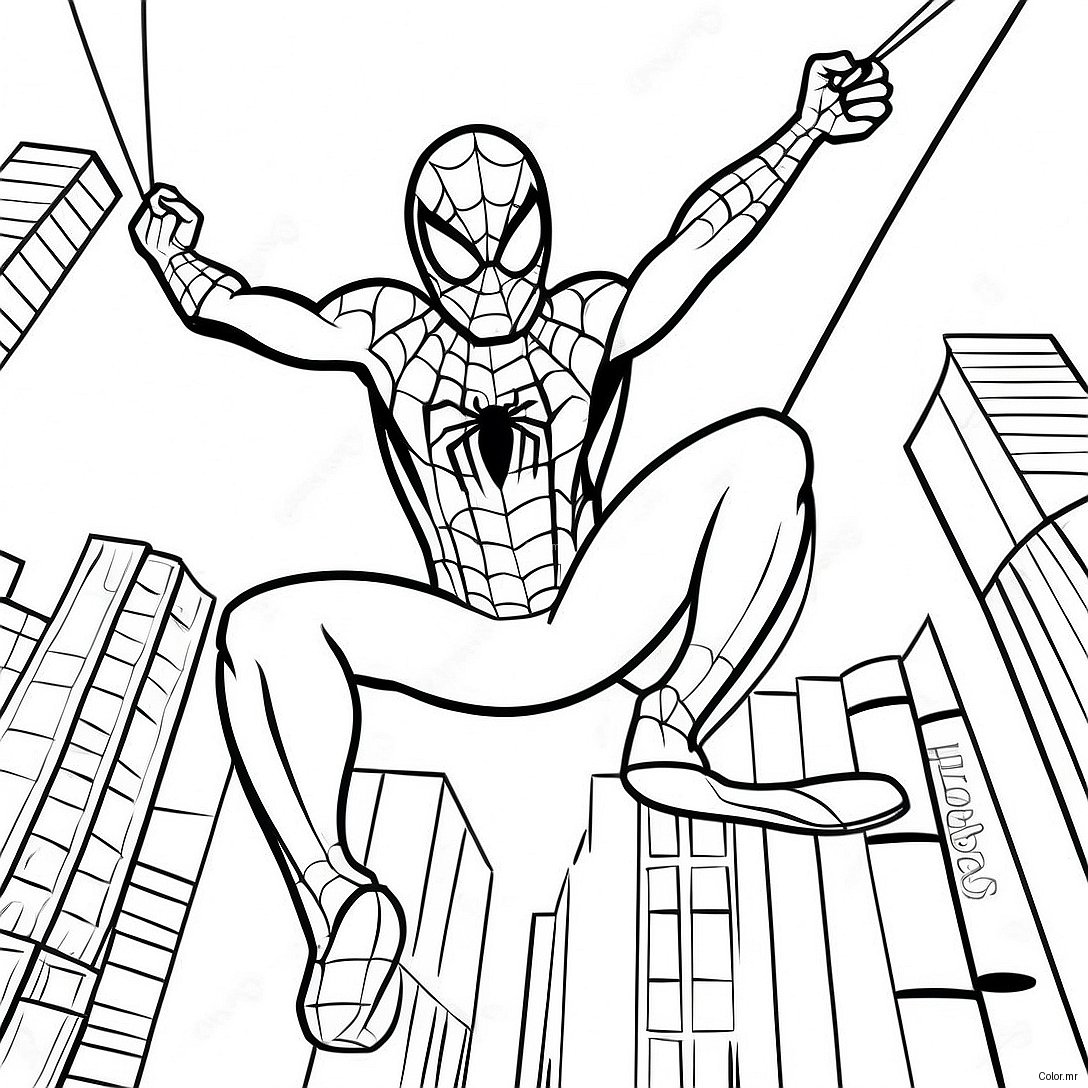 Spiderman Swinging Through City Coloring Page 56962 47333