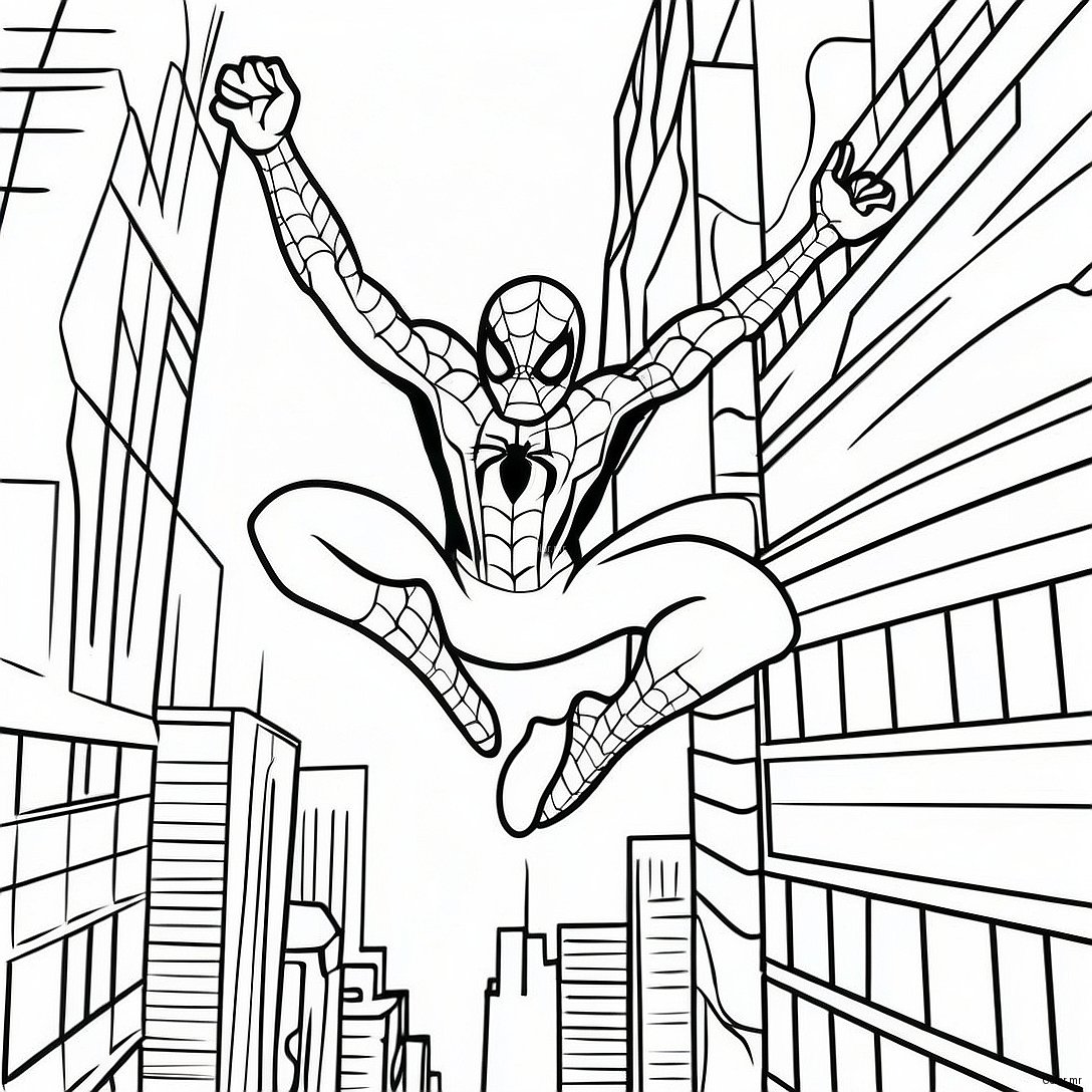 Spiderman Swinging Through City Coloring Page 56962 47334