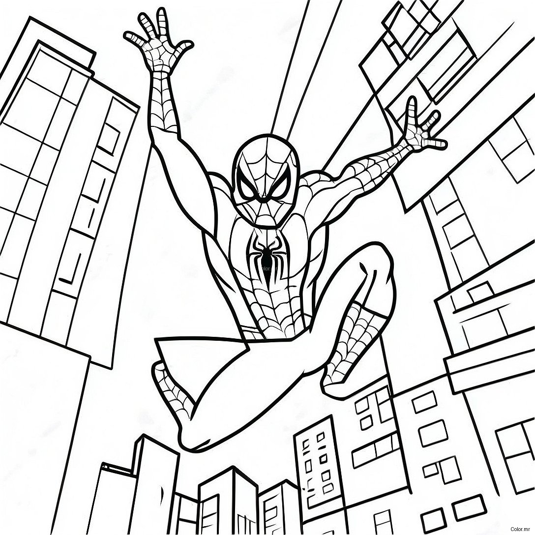 Spiderman Swinging Through City Coloring Page 56962 47335