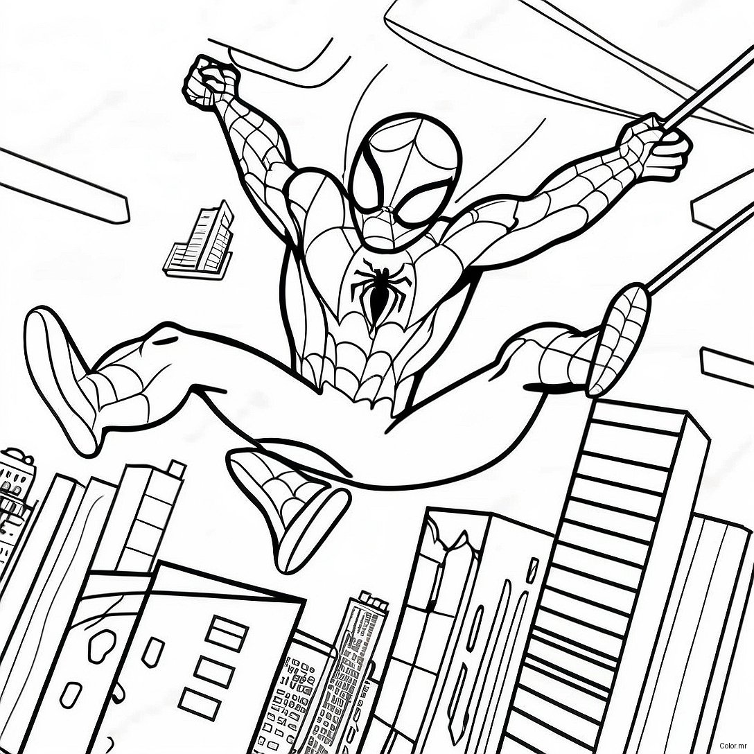 Spiderman Swinging Through City Coloring Page 56962 47336