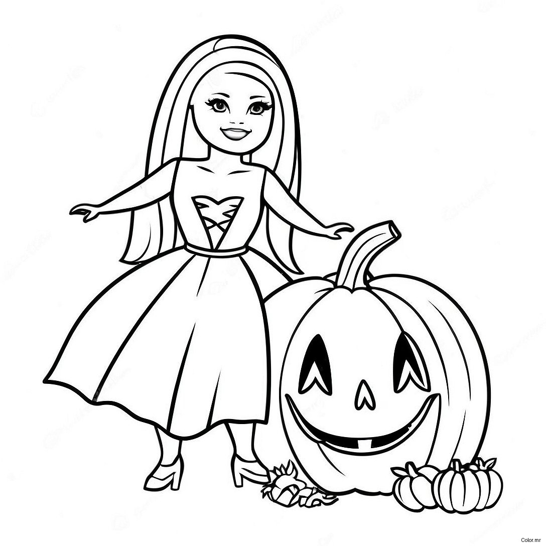 Spooky Halloween Barbie With Pumpkin Coloring Page 28055 25480