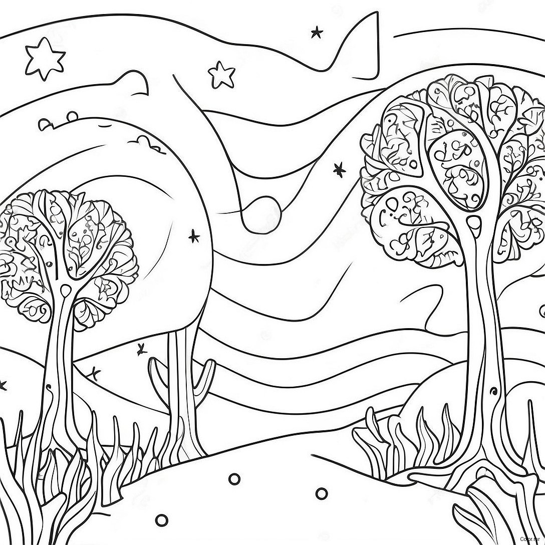 Starry Night With Whimsical Trees Coloring Page 48815 40549
