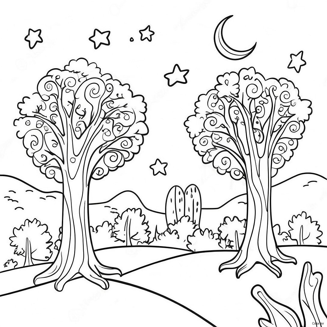 Starry Night With Whimsical Trees Coloring Page 48815 40550