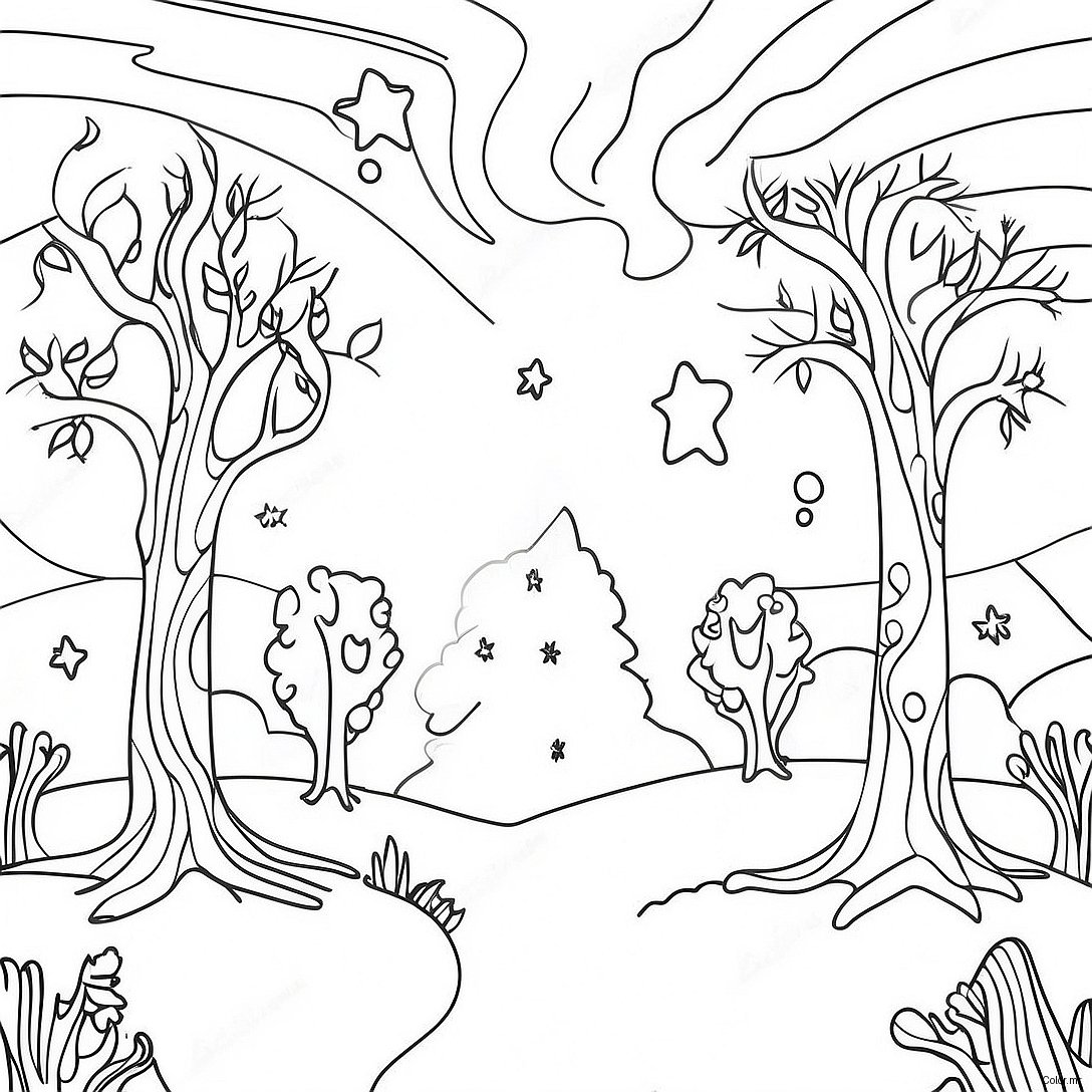 Starry Night With Whimsical Trees Coloring Page 48815 40551