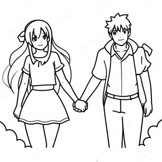 Page A Colorier Dun Couple Danime Adorable Se Tenant Par La Main 14530-12018