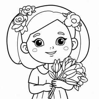 Page A Colorier De La Mignonne Fille De Fleurs Avec Bouquet 16102-13595