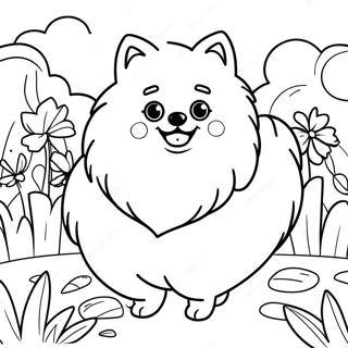 Page A Colorier Sur Un Pomeranien Duveteux Dans Un Jardin 21663-20085