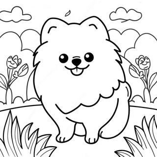 Page A Colorier Sur Un Pomeranien Duveteux Dans Un Jardin 21663-20086