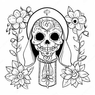 Page A Colorier Santa Muerte Coloree Avec Des Fleurs 46174-38457