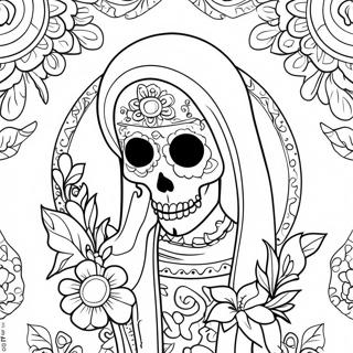 Page A Colorier Santa Muerte Coloree Avec Des Fleurs 46174-38459