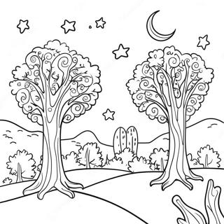 Page A Colorier De La Nuit Etoilee Avec Des Arbres Fantaisistes 48815-40550