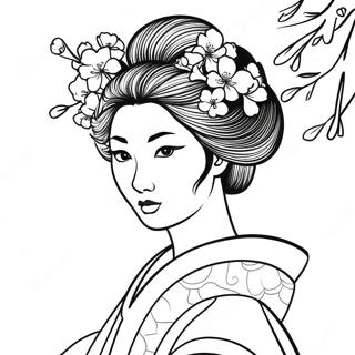 Page A Colorier Dune Geisha Elegante Avec Des Fleurs De Cerisier 60847-50463