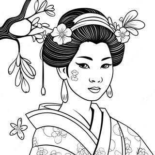 Page A Colorier Dune Geisha Elegante Avec Des Fleurs De Cerisier 60847-50464