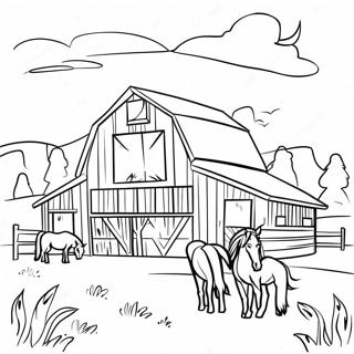 Page A Colorier De Grange Rustique Avec Des Chevaux 71594-59162