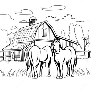 Page A Colorier De Grange Rustique Avec Des Chevaux 71594-59163